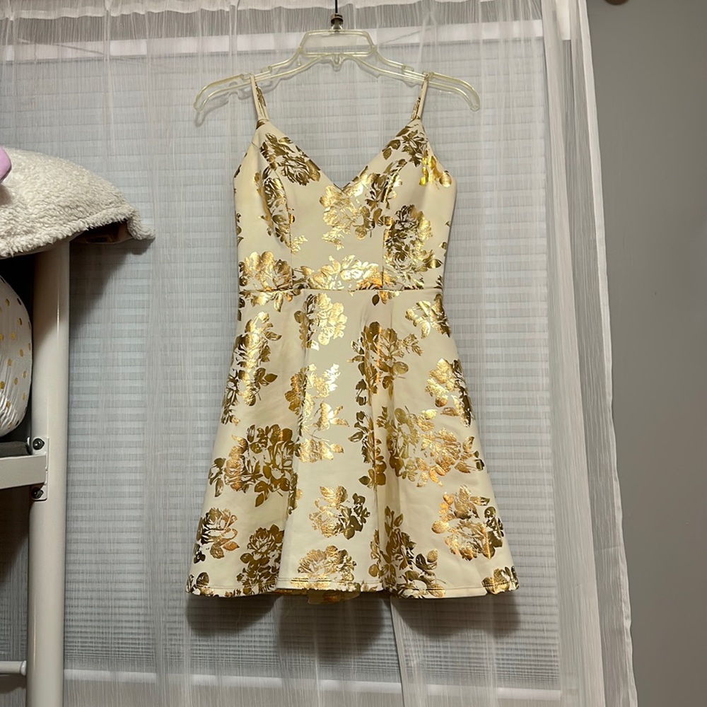 hold and crème homecoming dress